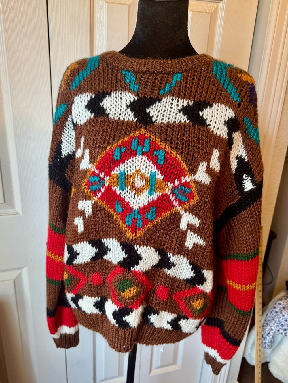 Brown Geometric Knit Crewneck Sweater with Multicolor Motifs